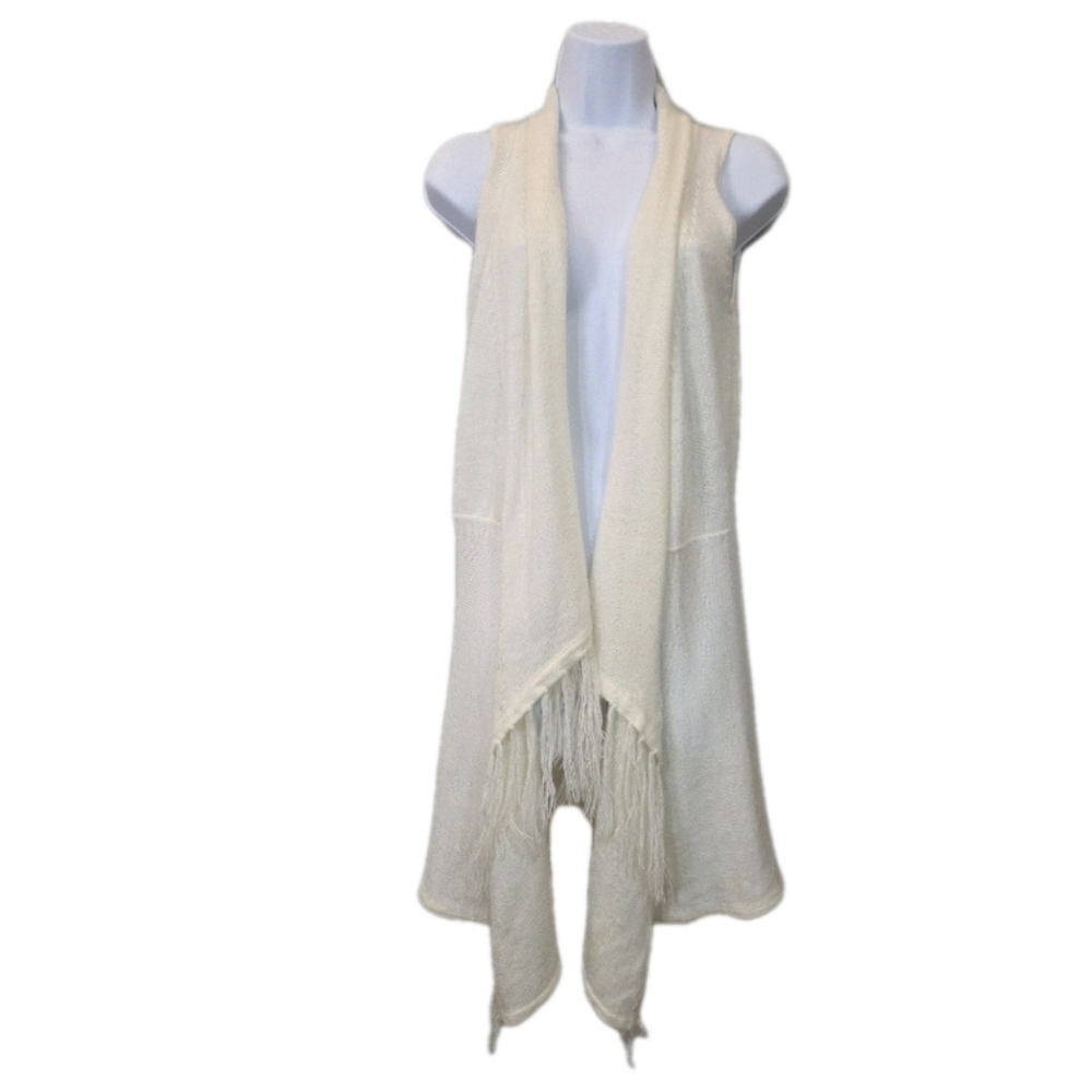 Alpaca In Style Cream Knit Fringe Vest Cardigan Waterfall Front Size XL